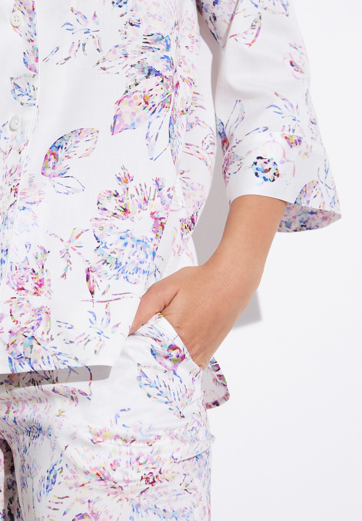 Cotton Sateen Print | Cropped Pyjama 3/4-Ärmel - pixel flowers